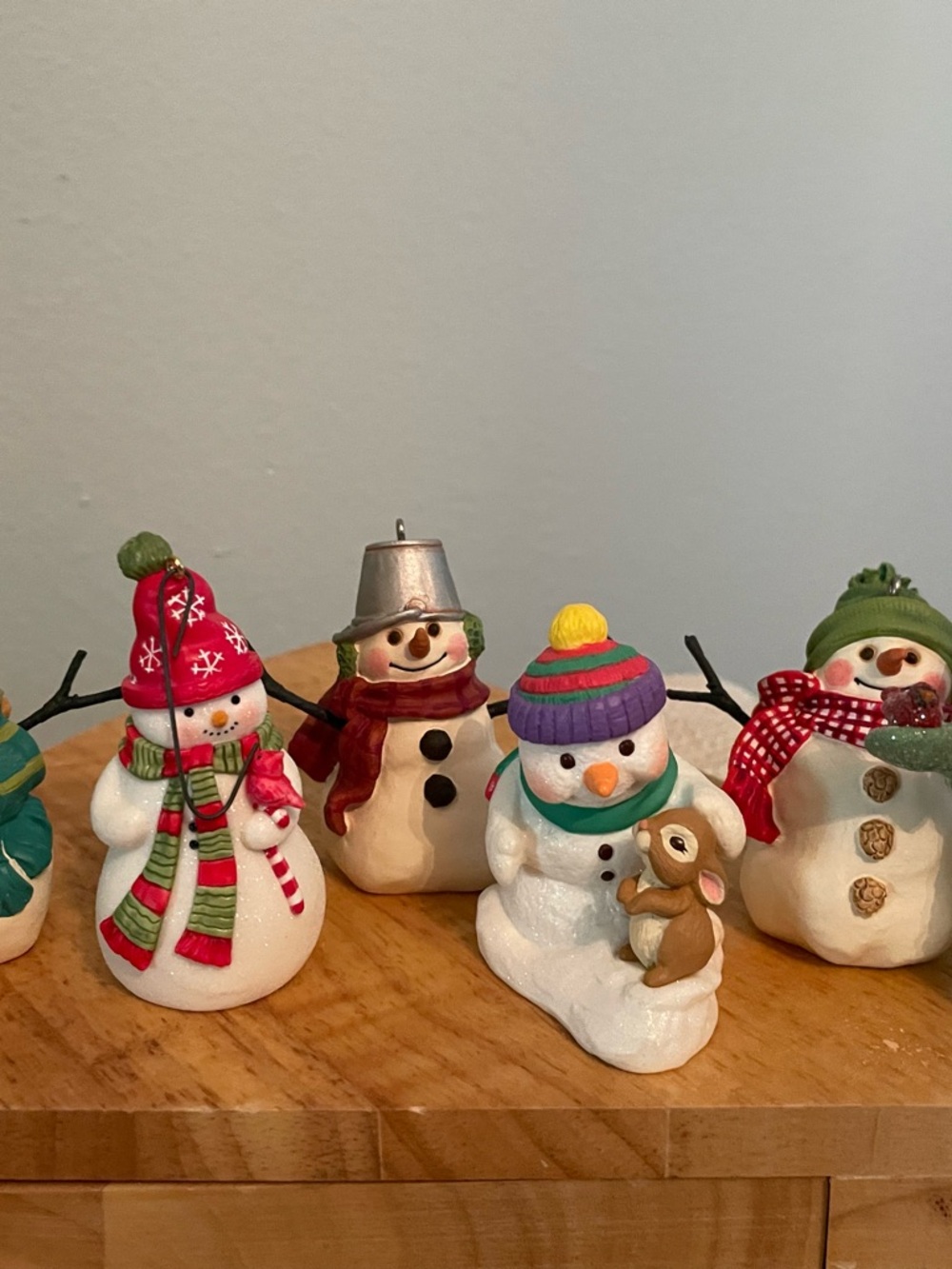 Hallmark White Snowman Ornaments with Red, Green, Purple and Yellow Accents